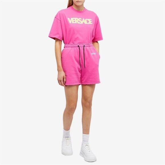 Runway Versace Logo Drawstring Distressed Jersey Pink Shorts Size 40/S NWT - Picture 2 of 15